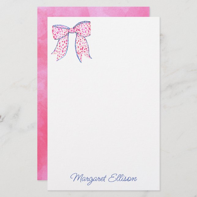 Watercolor Rosa Polka Dot Bow Stationery Brevpapper (Fram/baksida)