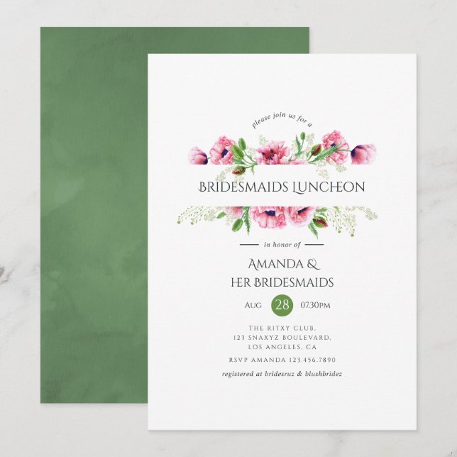 Watercolor Rosa Poppies Bridesmaids Luncheon Inbjudningar (Fram/baksida)