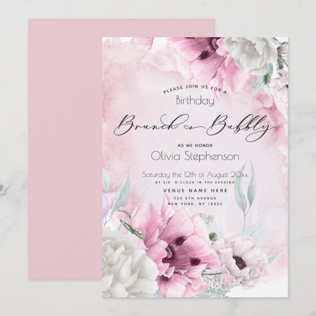 Watercolor Rosa Poppy Birthday Inbjudningar (Fram/baksida)
