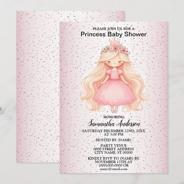 Watercolor Rosa Princess Baby Shower Party Inbjudningar (Fram/baksida)