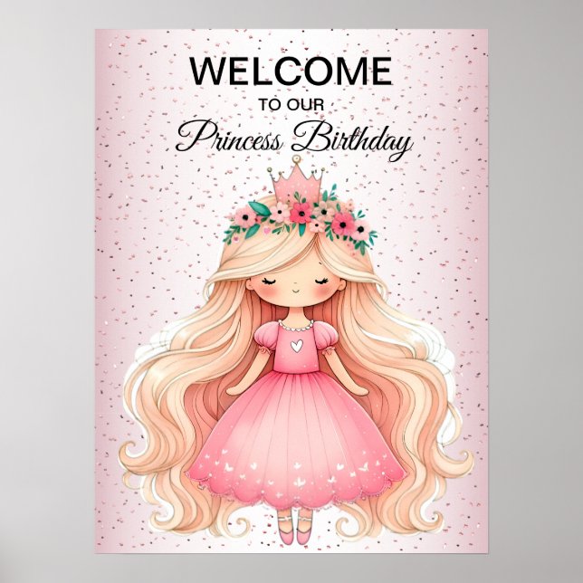 Watercolor Rosa Princess Födelsedagsfest Cute Poster (Framsidan)