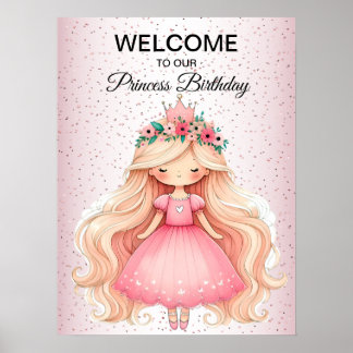 Watercolor Rosa Princess Födelsedagsfest Cute Poster