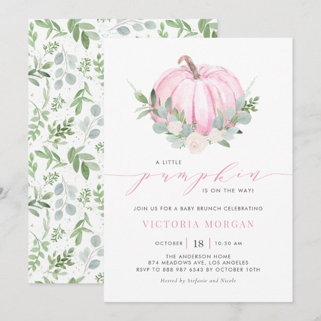Watercolor Rosa Pumpkin Autumn Baby Brunch Inbjudningar (Fram/baksida)