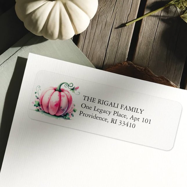 Watercolor Rosa Pumpkin-Returadress Returadress Etikett (Pink pumpkin return address labels watercolor fall whimsical pumpkins)