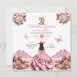 Watercolor Rosa Quinceañera 15 Anos Boots Western Inbjudningar