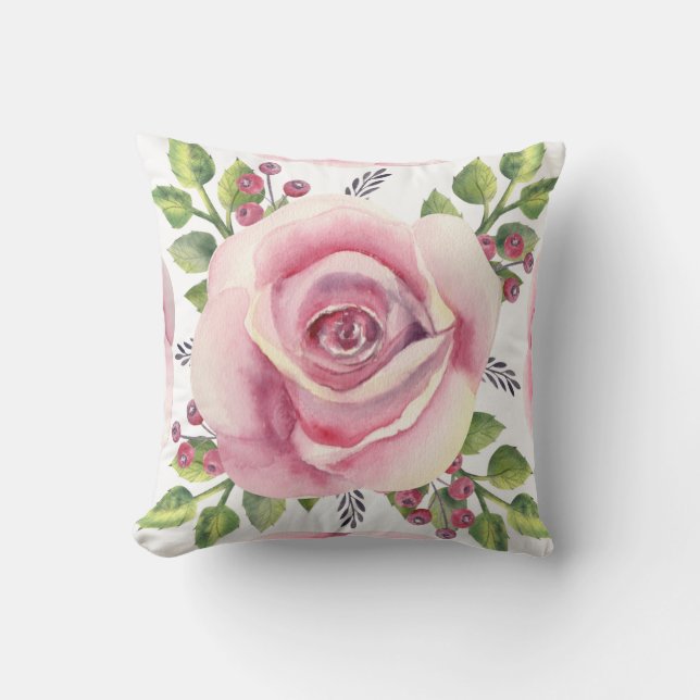 Watercolor Rosa ros Blommigt Dekorativ kudde (Framsida)