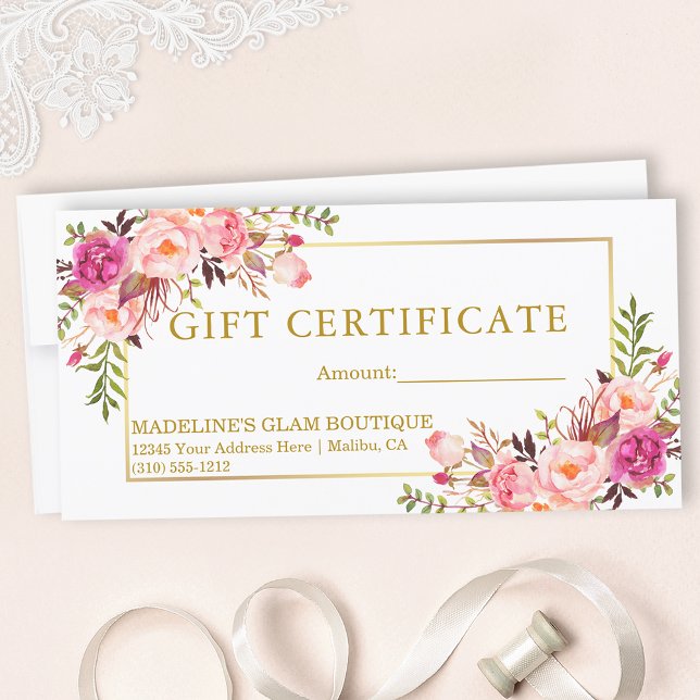 Watercolor Rosa ros Blommigt Guld Gift Certificate (Customize to change text size, style, color or to add text to back of certificate.)