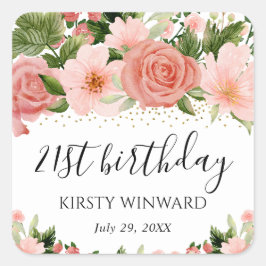 Watercolor Rosa ros blommor Birthday Fyrkantigt Klistermärke