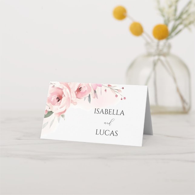Watercolor Rosa ros Bröllop Placeringskort (Framsida)
