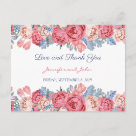 Watercolor Rosa ros Chic Bröllop Tack Vykort