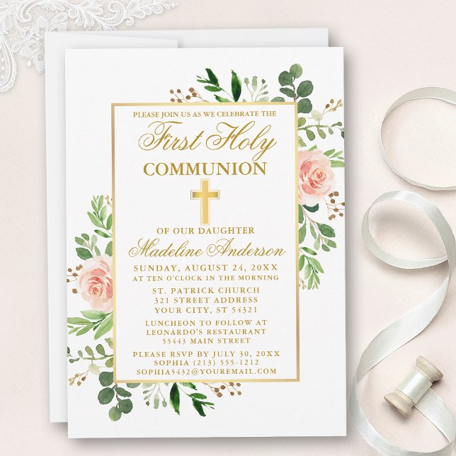 Watercolor Rosa ros Greenery First Communion Inbjudningar (Customize to change text color, size, style or to add photos or more text to back of card.)