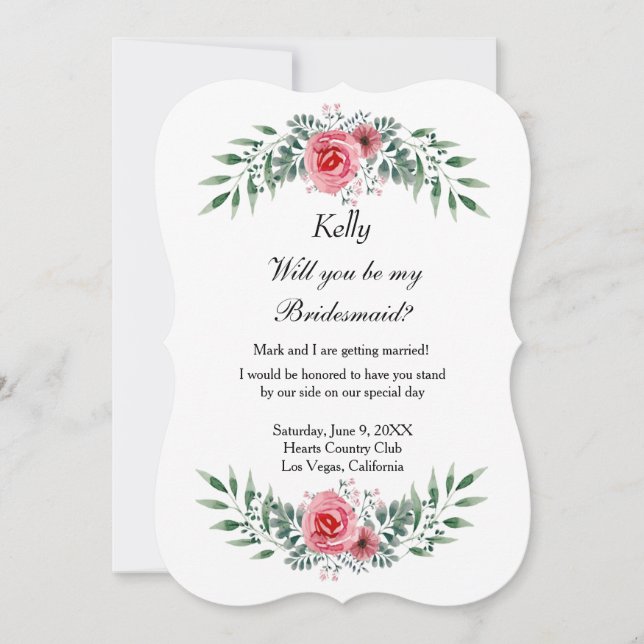 Watercolor Rosa ros Greenery Foliage Bridesmaid Inbjudningar (Framsida)