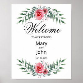 Watercolor Rosa ros Greenery Foliage Bröllop Poster