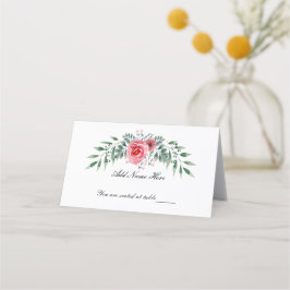 Watercolor Rosa ros Greenery Foliage Placeringskort