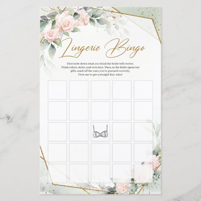 Watercolor rosa ros greenery guld Lingerie Bingo (Framsida)