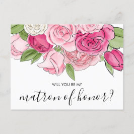 Watercolor Rosa ros My Matron of Honor Postcard Inbjudan Vykort