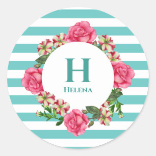 Watercolor Rosa ros Red White Petunias Monogram Runt Klistermärke