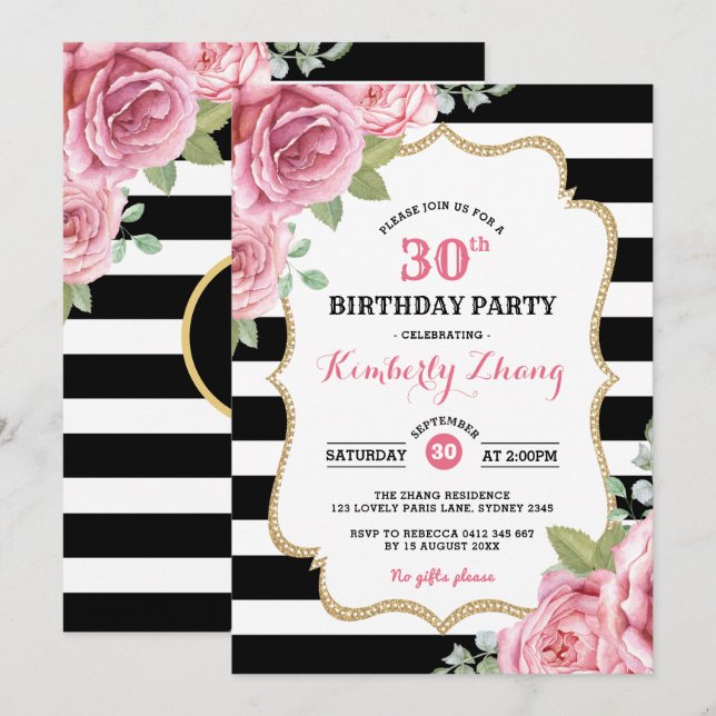 Watercolor Rosa ros / Romantic Paris Birthday Inbjudningar (Fram/baksida)