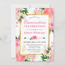 Watercolor Rosa ros Summer Flowers Quinceanera Inbjudningar