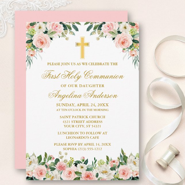 Watercolor Rosa ros White Blommigt Communion Guld Inbjudningar (Customize to change text color, size, style or to change color of back of card.)