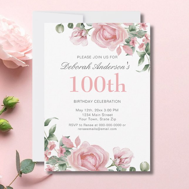 Watercolor Rosa Rosa 100-årsfest  Inbjudningar (Skapare uppladdad)