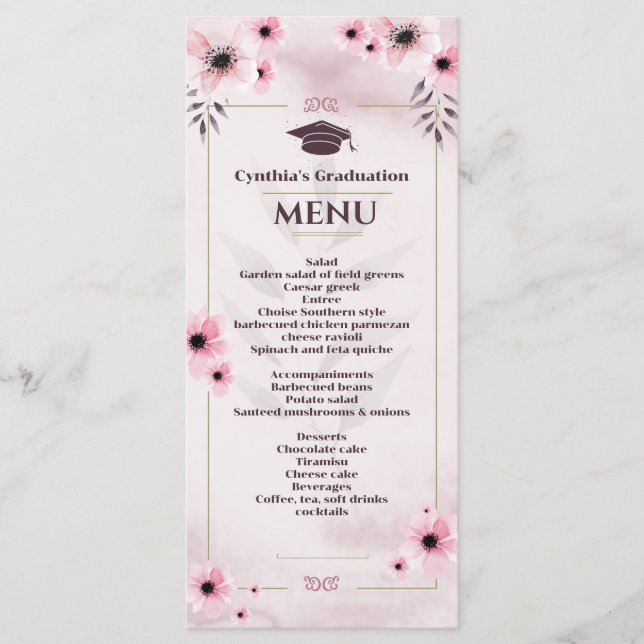 Watercolor  Rosa Studenten Dinner Menu Invit Meny (Framsida)