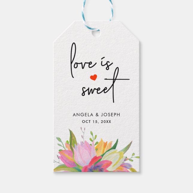 Watercolor Rosa Tulip Kärlek är Sweet Bröllop Presentetikett (Framsidan)