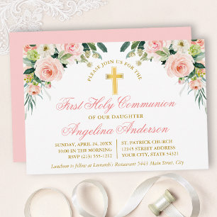 Watercolor Rosa White Blommigt First Communion Gul Inbjudningar