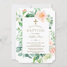 Watercolor Rosa White Flowers Ram Baptism Inbjudningar