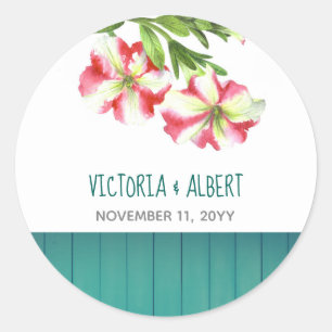 Watercolor Rosa White Petunias Blommigt Art Bröllo Runt Klistermärke