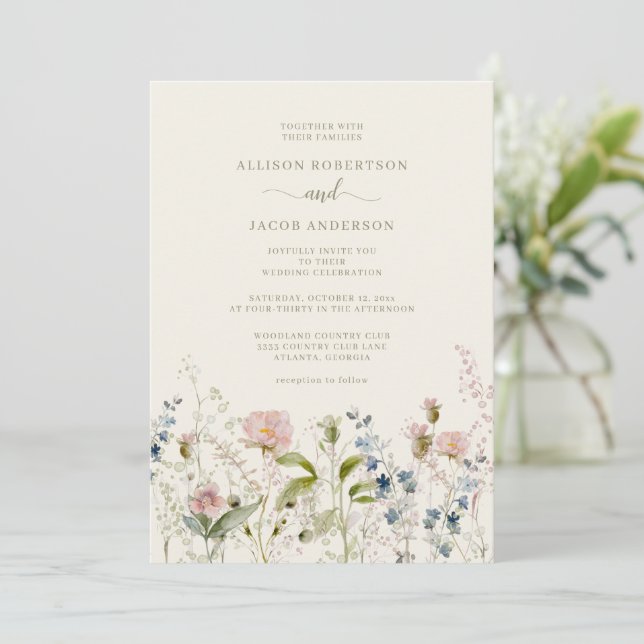 Watercolor Rosa WildblomBlommigt Ivory Bröllop Inbjudningar (Stående Fram)