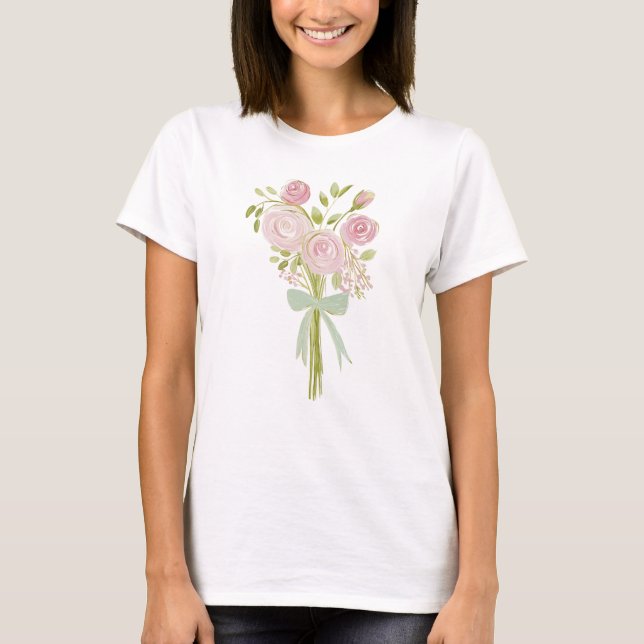 Watercolor Rose Bouquet with Ribbon T Shirt (Framsida)