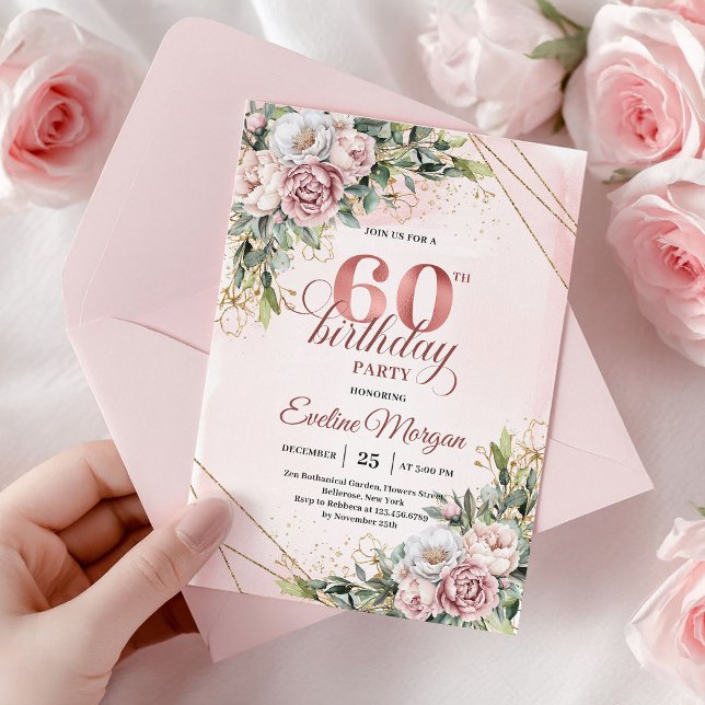 Watercolor Rose Gold Eucalyptus 60th Birthday  Inbjudningar (Watercolor Rose Gold Eucalyptus 60th Birthday Invite)