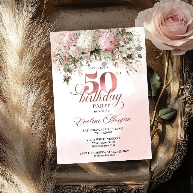 Watercolor Rose Gold Floral 50th Birthday Celebrat Inbjudningar (Watercolor Rose Gold Floral 50th Birthday Celebration Invitation

)