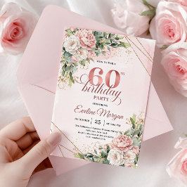 Watercolor Rose Gold Flowers Dusty Pink 60th Birth Inbjudningar