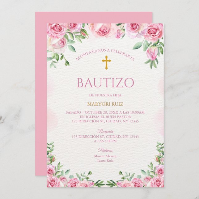 Watercolor Rose Pink Floral Girl Baptism Inbjudningar (Fram/baksida)