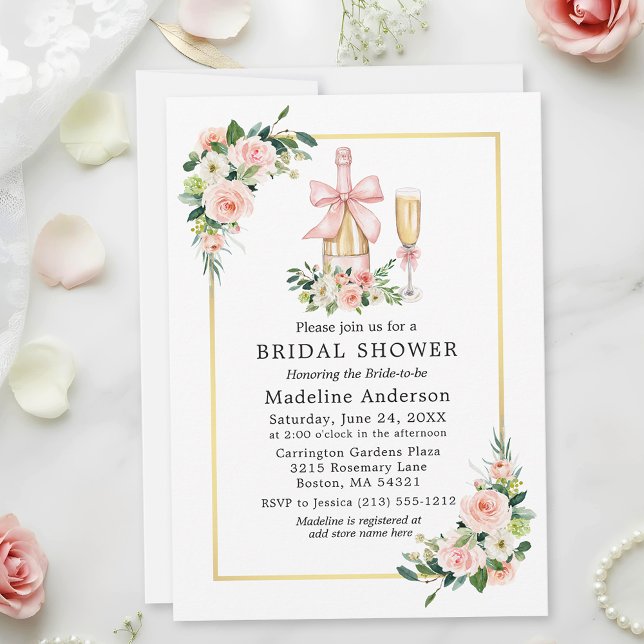 Watercolor Roses Pink Bow Bridal Shower Inbjudningar (Customize to add more text to back of card.)