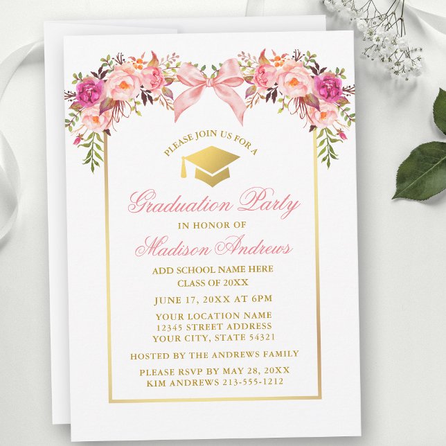 Watercolor Roses Pink Bow Graduation Party Inbjudningar (Customize to change text color, text style or to add text to back of card.)