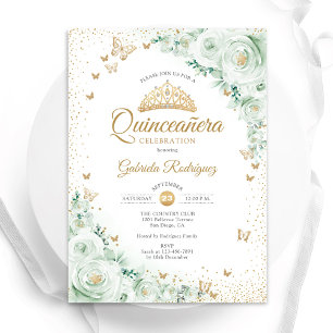 Watercolor Roses Sage Green Floral Quinceanera Inbjudningar