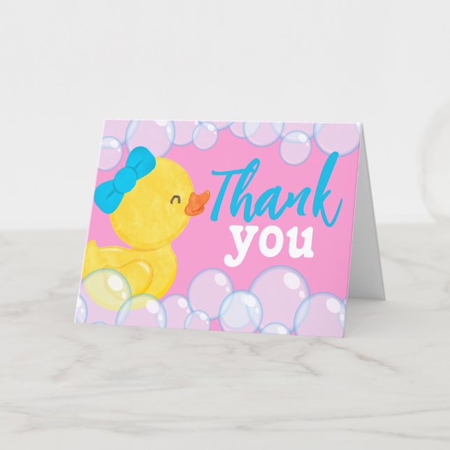 Watercolor Rubber Anka Rosa, tillsatt tackkort (Girl Pink Rubber Duck Folded Thank You Cards for Ducky Birthday or Duck Baby Shower)