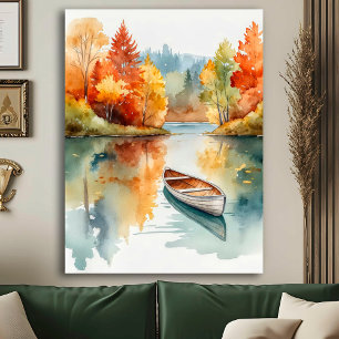 Watercolor Rustic Autumn Sjö med Rowboat & Träd Poster