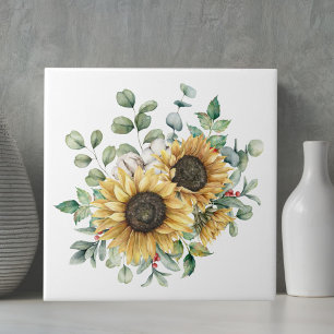 Watercolor Rustic Autumn Solros Bouquet Kakelplatta