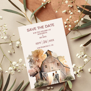 Watercolor Rustic Barn Bröllop Spara Datumet