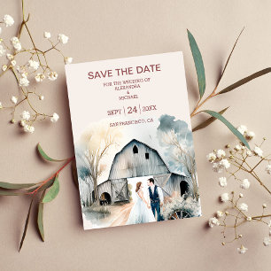 Watercolor Rustic Barn Bröllop Spara Datumet