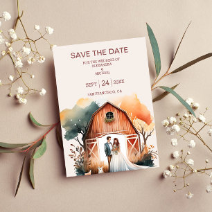 Watercolor Rustic Barn Bröllop Spara Datumet
