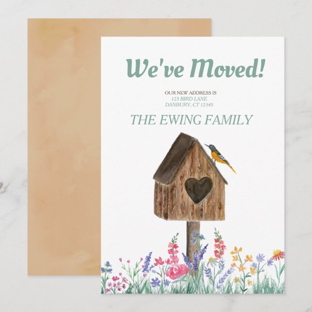 Watercolor Rustic Birdhouse Flytta Announcement Inbjudningar (Fram/baksida)
