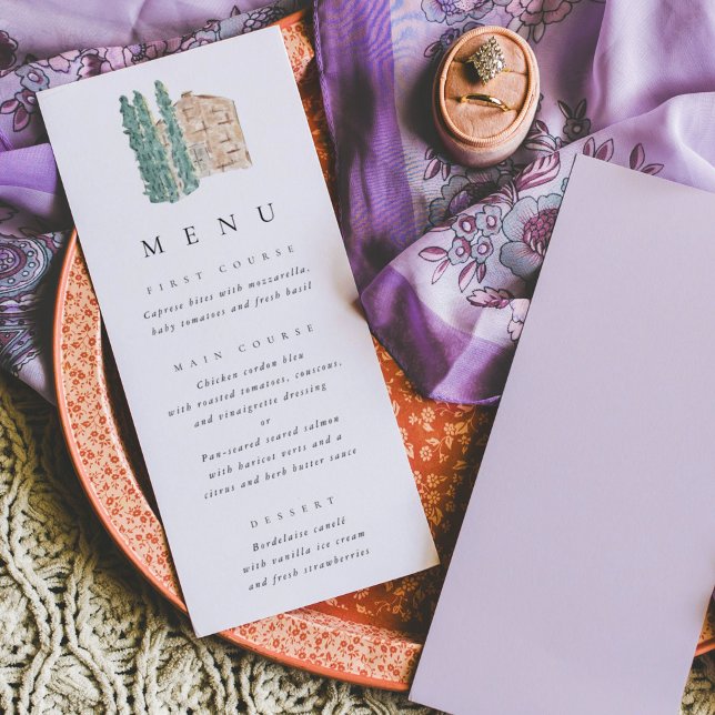 Watercolor Rustic Cypress Träd Bröllop Menu Meny (Watercolor cypress tress for a lavender fields wedding menu.)