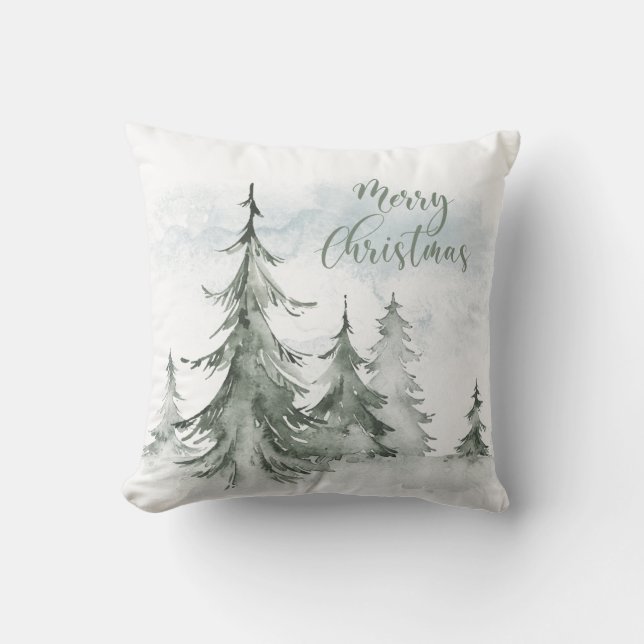 Watercolor Rustic Fir Träd Forest Winter Kudde (Framsida)