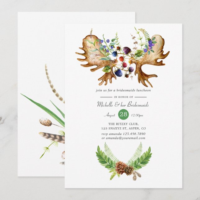Watercolor Rustic Forest Bridesmaids Luncheon Inbjudningar (Fram/baksida)
