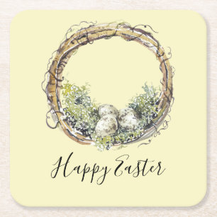 Watercolor Rustic Grapevine & Egg Nest Påsk Underlägg Papper Kvadrat